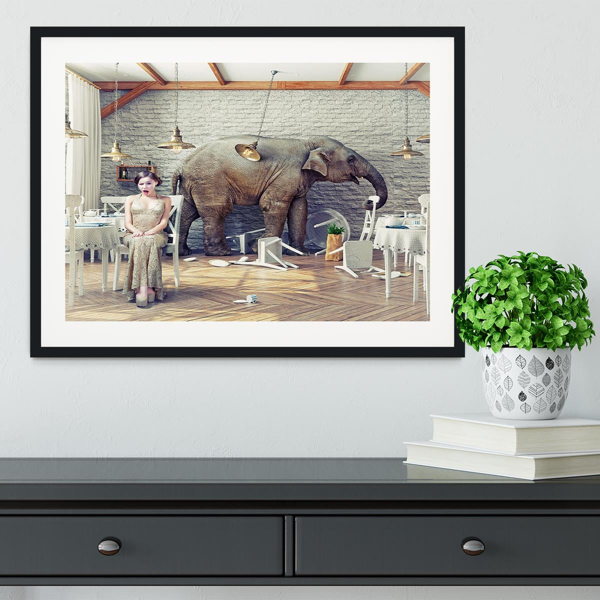 The elephant calm in a restaurant interior. photo combination concept Framed Print - Canvas Art Rocks - 1