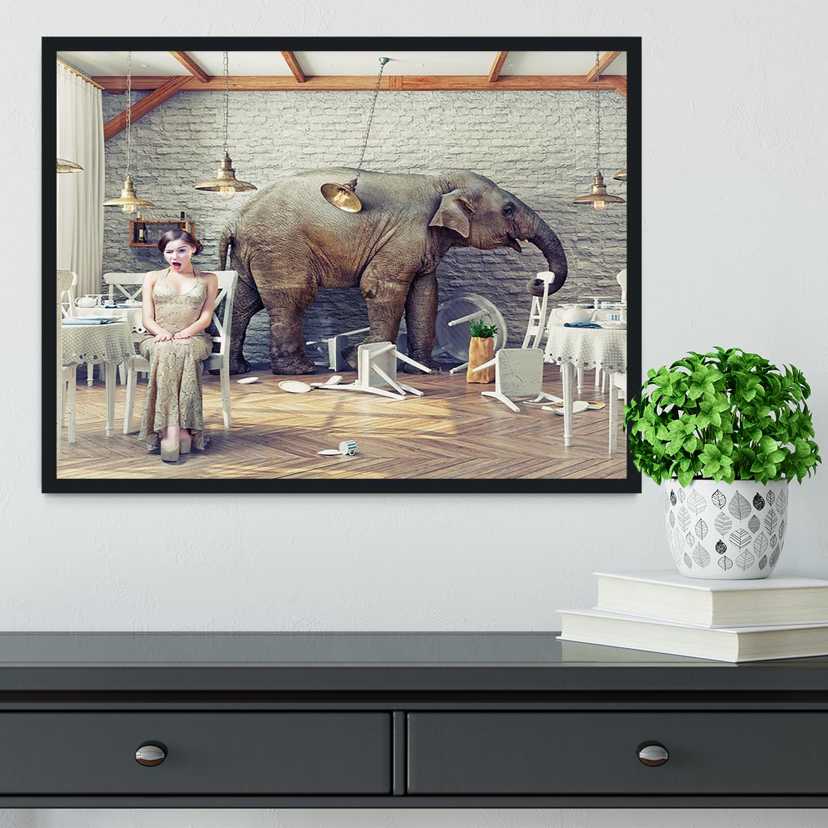 The elephant calm in a restaurant interior. photo combination concept Framed Print - Canvas Art Rocks - 2