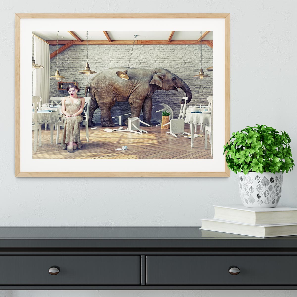 The elephant calm in a restaurant interior. photo combination concept Framed Print - Canvas Art Rocks - 3