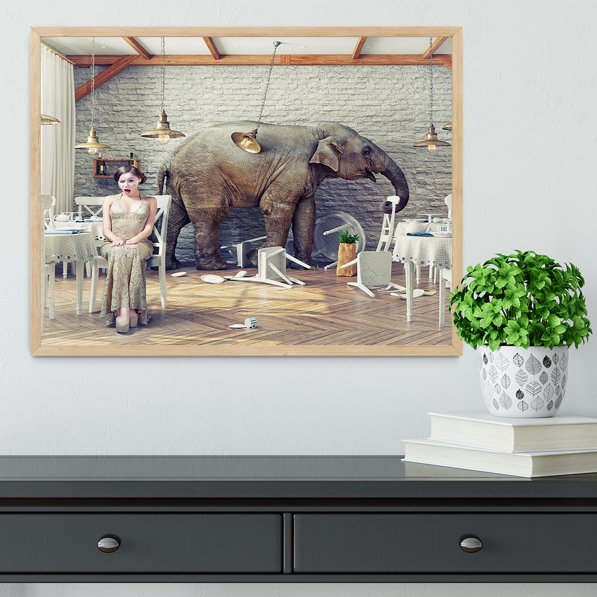 The elephant calm in a restaurant interior. photo combination concept Framed Print - Canvas Art Rocks - 4