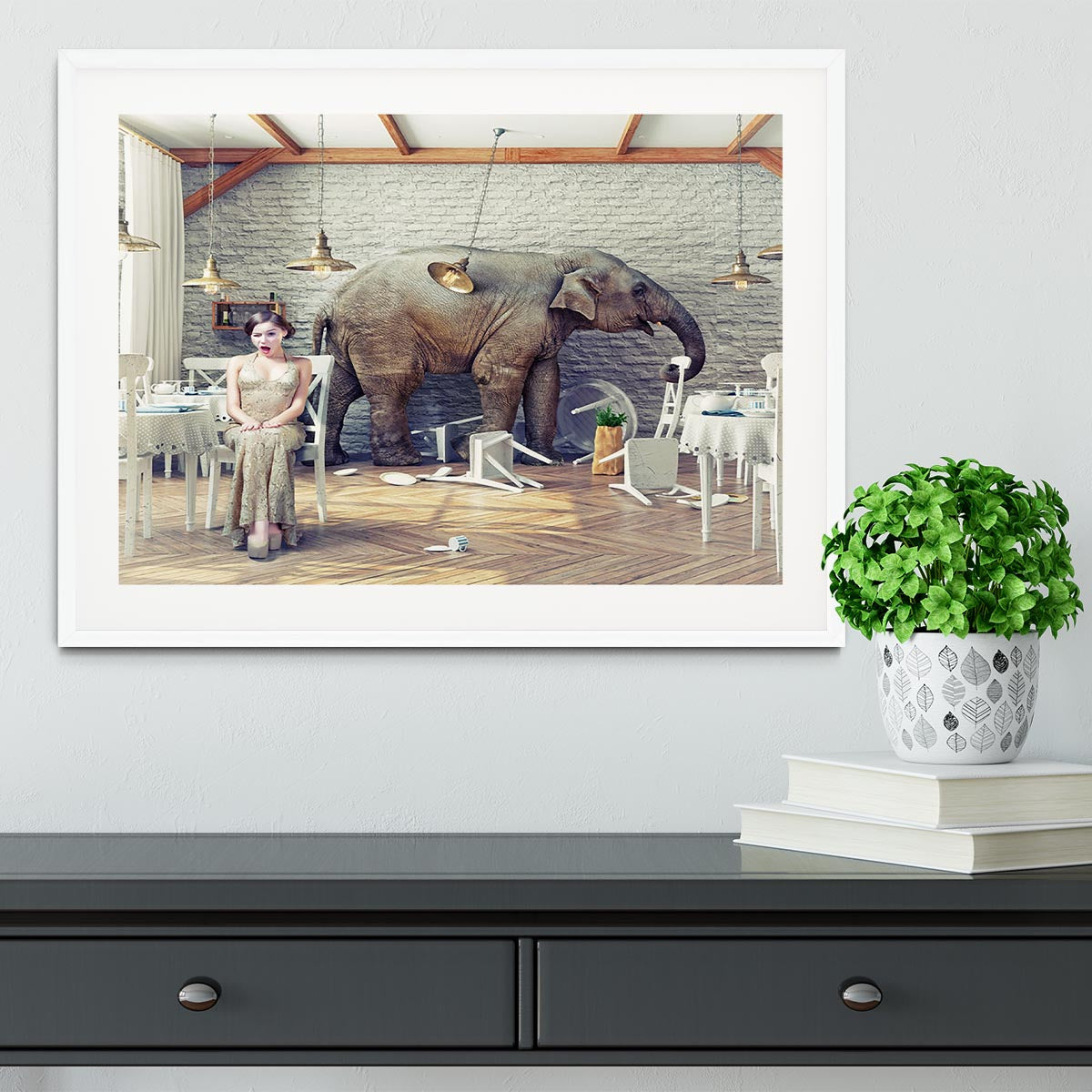 The elephant calm in a restaurant interior. photo combination concept Framed Print - Canvas Art Rocks - 5