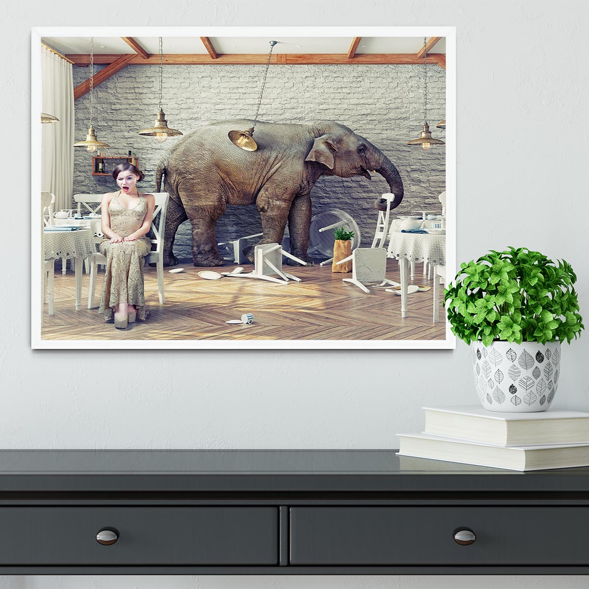 The elephant calm in a restaurant interior. photo combination concept Framed Print - Canvas Art Rocks -6