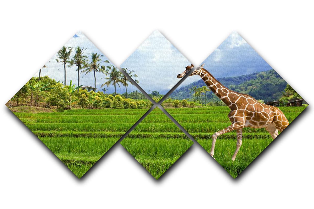 The giraffe goes on a green grass against mountains 4 Square Multi Panel Canvas - Canvas Art Rocks - 1