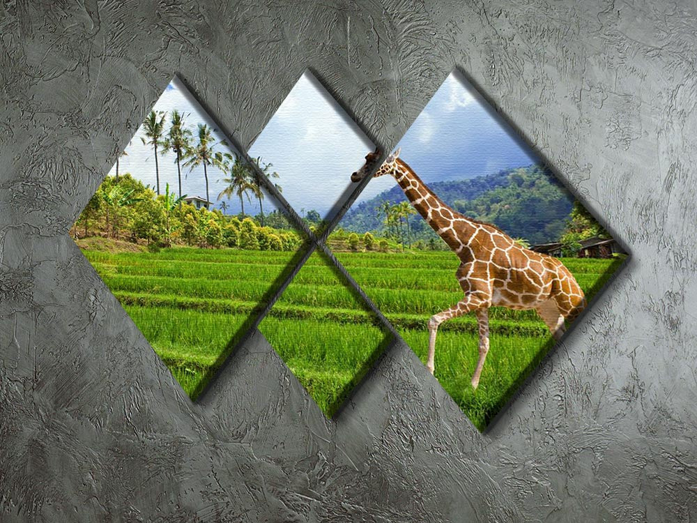 The giraffe goes on a green grass against mountains 4 Square Multi Panel Canvas - Canvas Art Rocks - 2