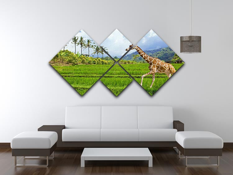 The giraffe goes on a green grass against mountains 4 Square Multi Panel Canvas - Canvas Art Rocks - 3