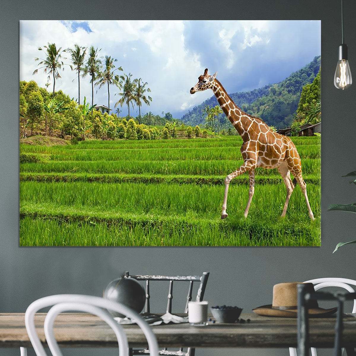 The giraffe goes on a green grass against mountains Canvas Print or Poster - Canvas Art Rocks - 3