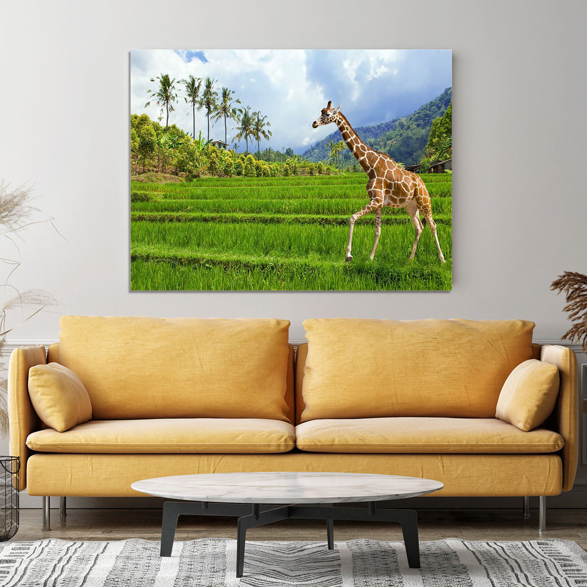 The giraffe goes on a green grass against mountains Canvas Print or Poster - Canvas Art Rocks - 4