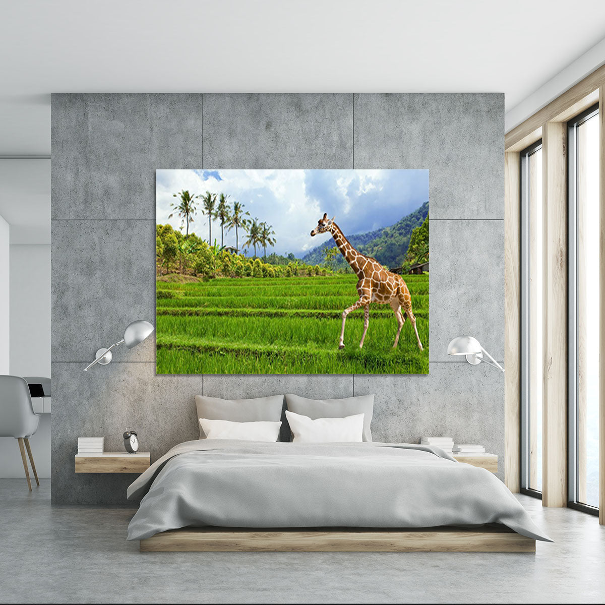 The giraffe goes on a green grass against mountains Canvas Print or Poster - Canvas Art Rocks - 5