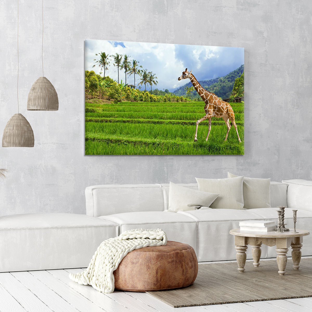 The giraffe goes on a green grass against mountains Canvas Print or Poster - Canvas Art Rocks - 6