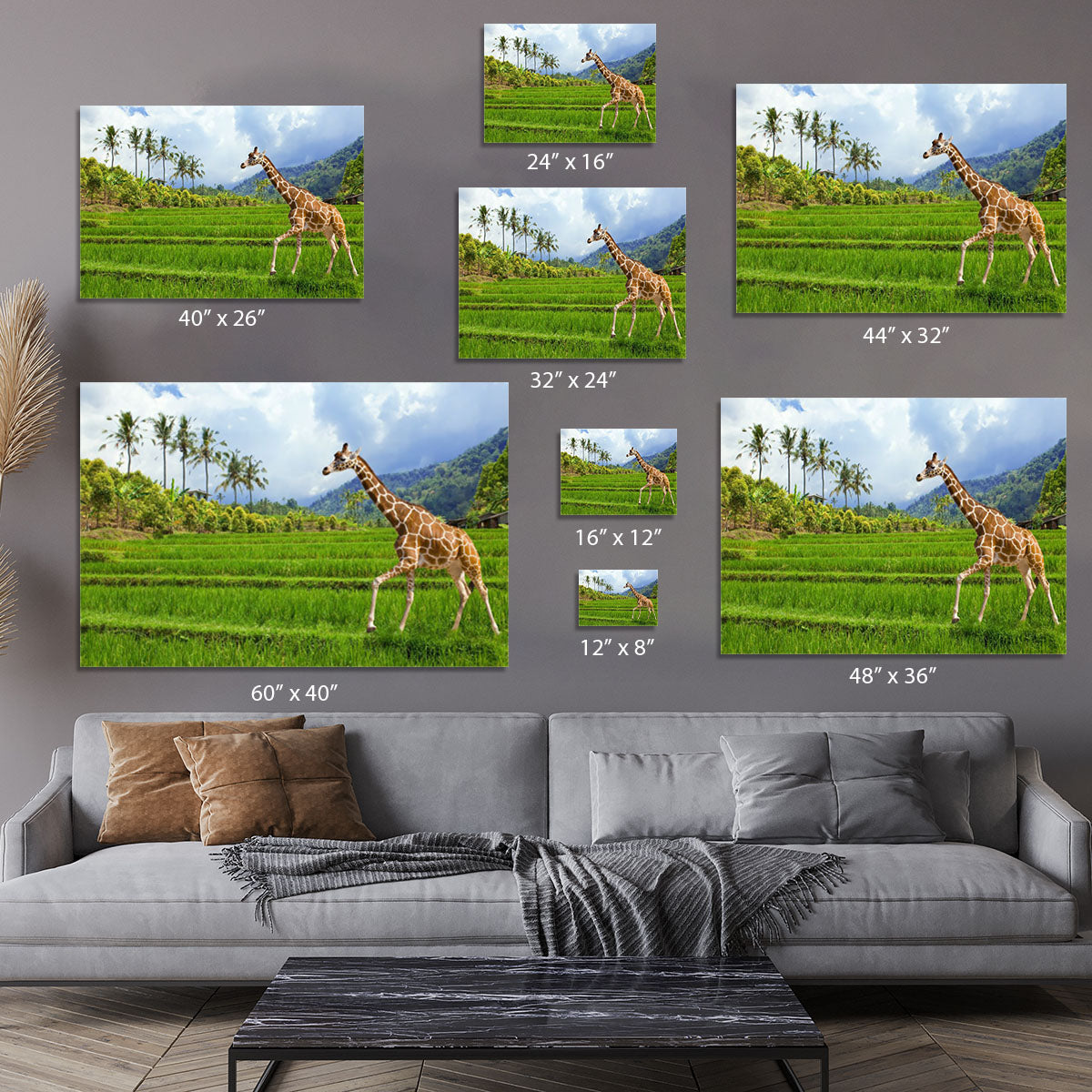 The giraffe goes on a green grass against mountains Canvas Print or Poster - Canvas Art Rocks - 7