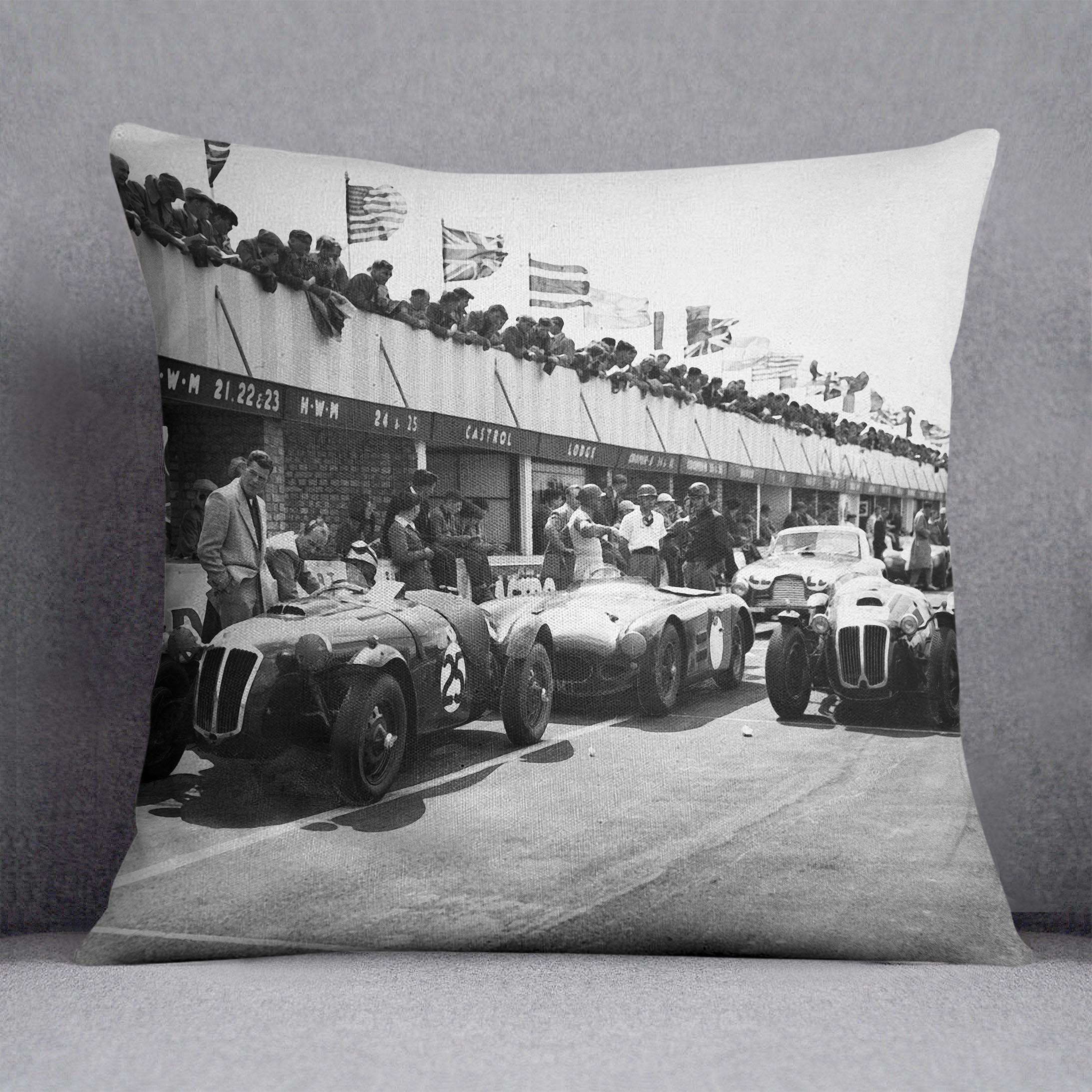 The pit lane at the British Grand Prix at Silverstone in 1953 Cushion - Canvas Art Rocks - 1