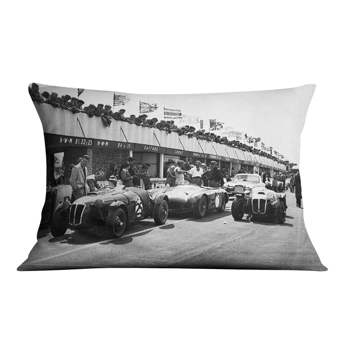 The pit lane at the British Grand Prix at Silverstone in 1953 Cushion - Canvas Art Rocks - 4