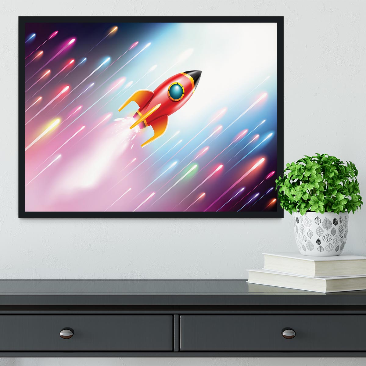 The rocket ship flying in the space Framed Print - Canvas Art Rocks - 2