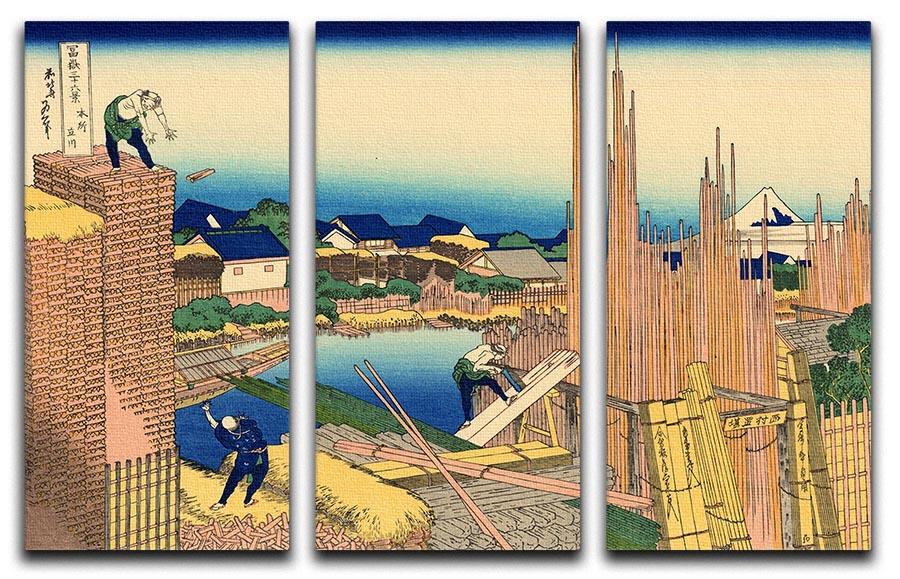 The timberyard at Honjo by Hokusai 3 Split Panel Canvas Print - Canvas Art Rocks - 1