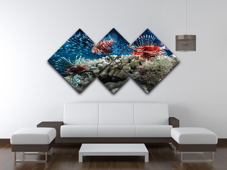Three Lion fishes and school of bait fish 4 Square Multi Panel Canvas - Canvas Art Rocks - 3