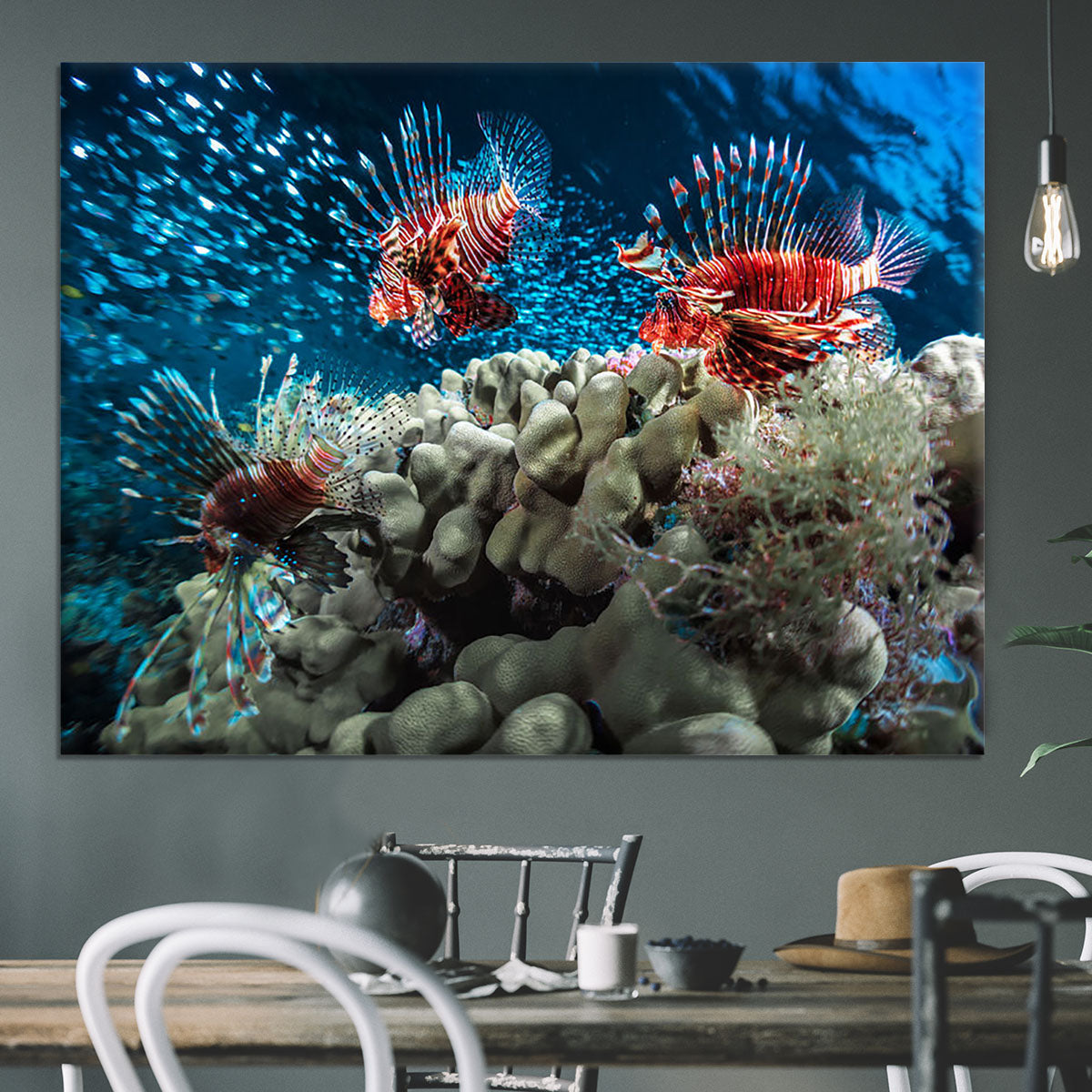 Three Lion fishes and school of bait fish Canvas Print or Poster - Canvas Art Rocks - 3