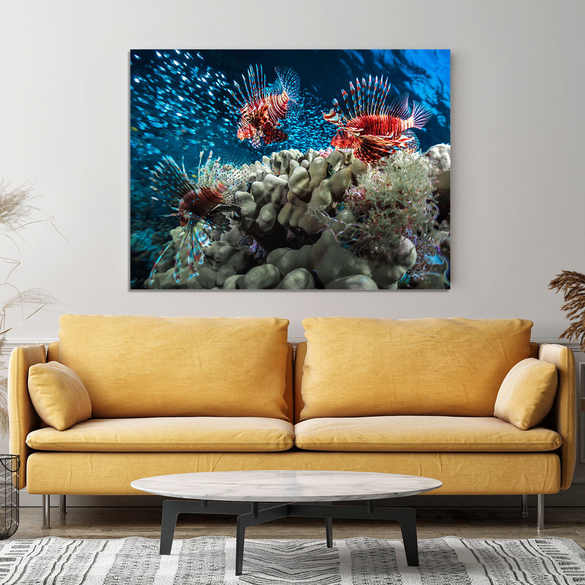 Three Lion fishes and school of bait fish Canvas Print or Poster - Canvas Art Rocks - 4