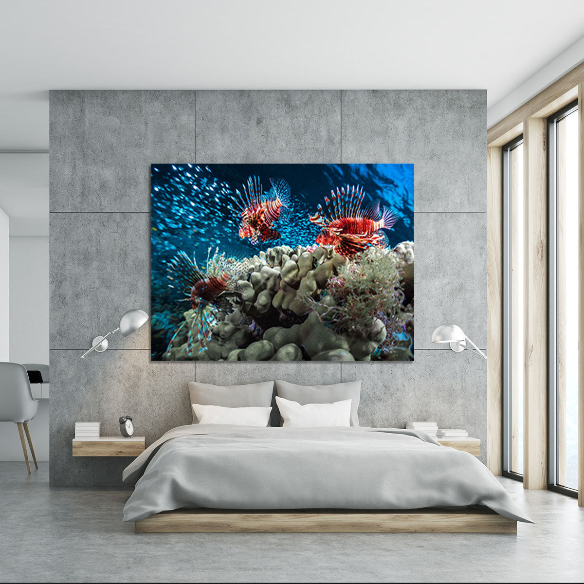 Three Lion fishes and school of bait fish Canvas Print or Poster - Canvas Art Rocks - 5