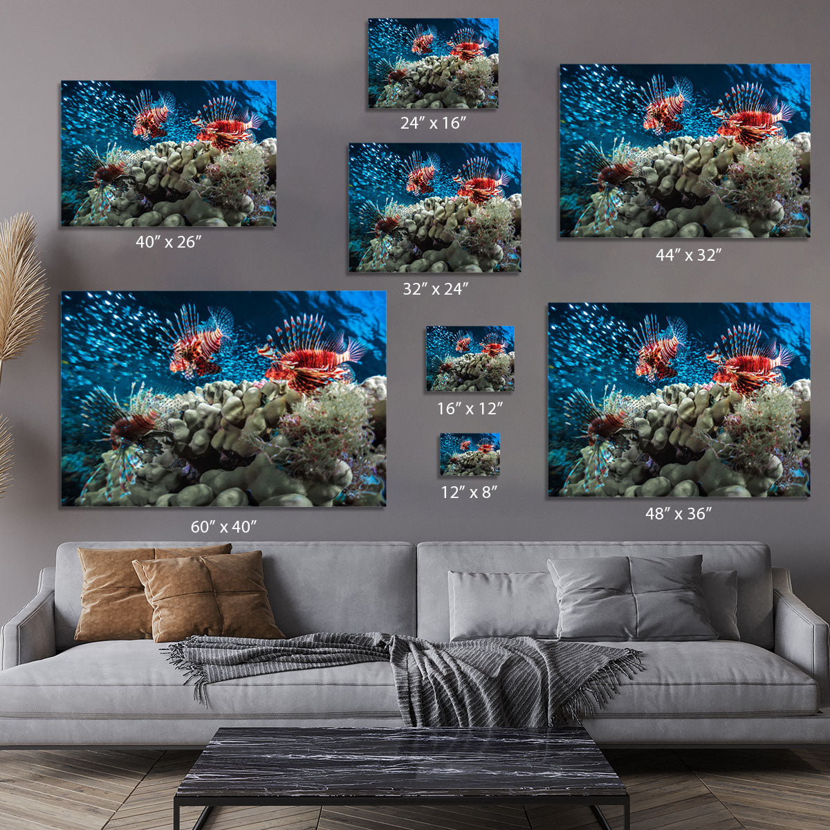 Three Lion fishes and school of bait fish Canvas Print or Poster - Canvas Art Rocks - 7