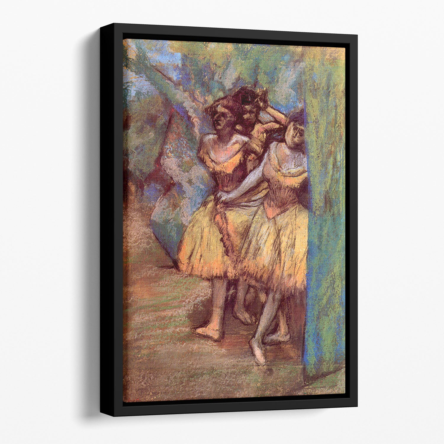 Three dancers behind the scenes by Degas Floating Framed Canvas