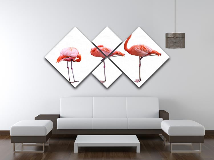 Three flamingo birds isolated on white background 4 Square Multi Panel Canvas - Canvas Art Rocks - 3