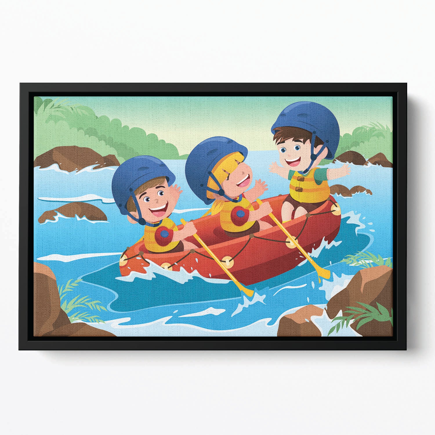 Three happy kids on boat Floating Framed Canvas