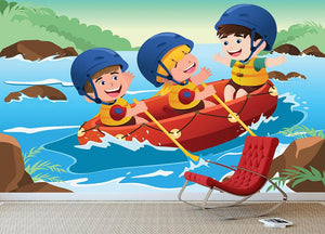 Three happy kids on boat Wall Mural Wallpaper - Canvas Art Rocks - 3