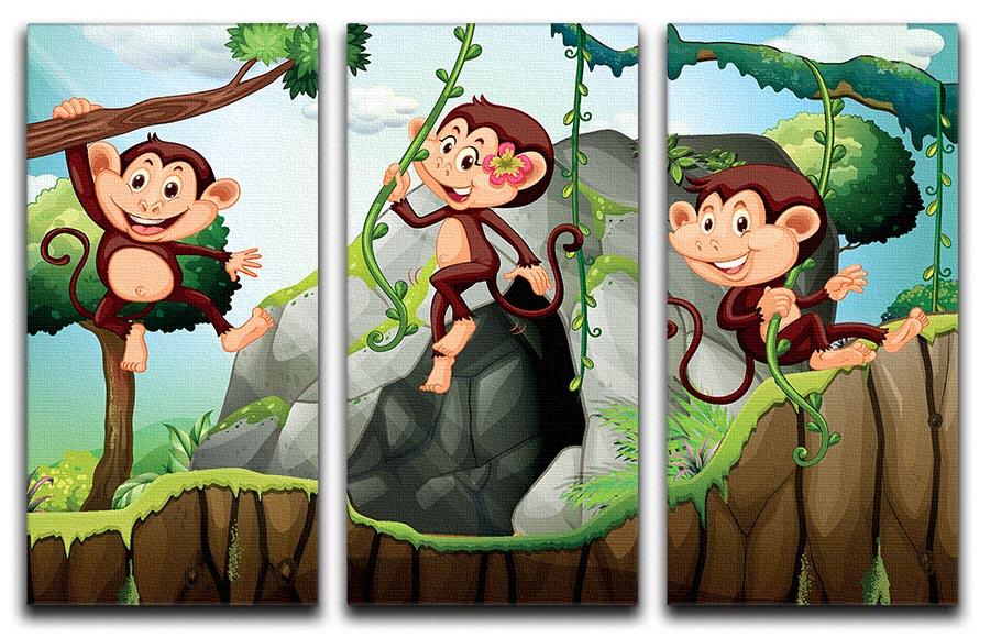 Three monkeys hanging on the branch 3 Split Panel Canvas Print - Canvas Art Rocks - 1