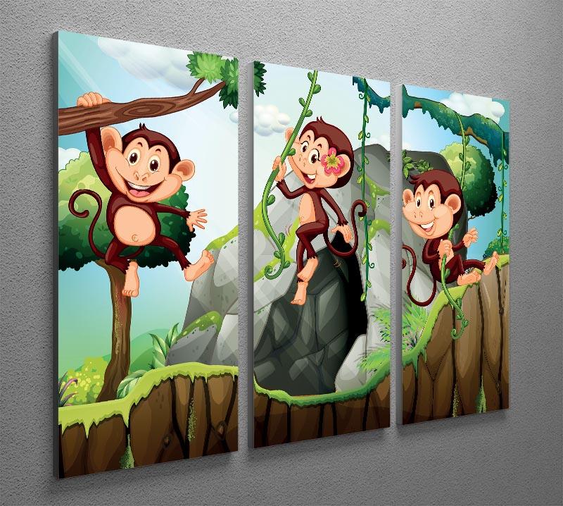 Three monkeys hanging on the branch 3 Split Panel Canvas Print - Canvas Art Rocks - 2