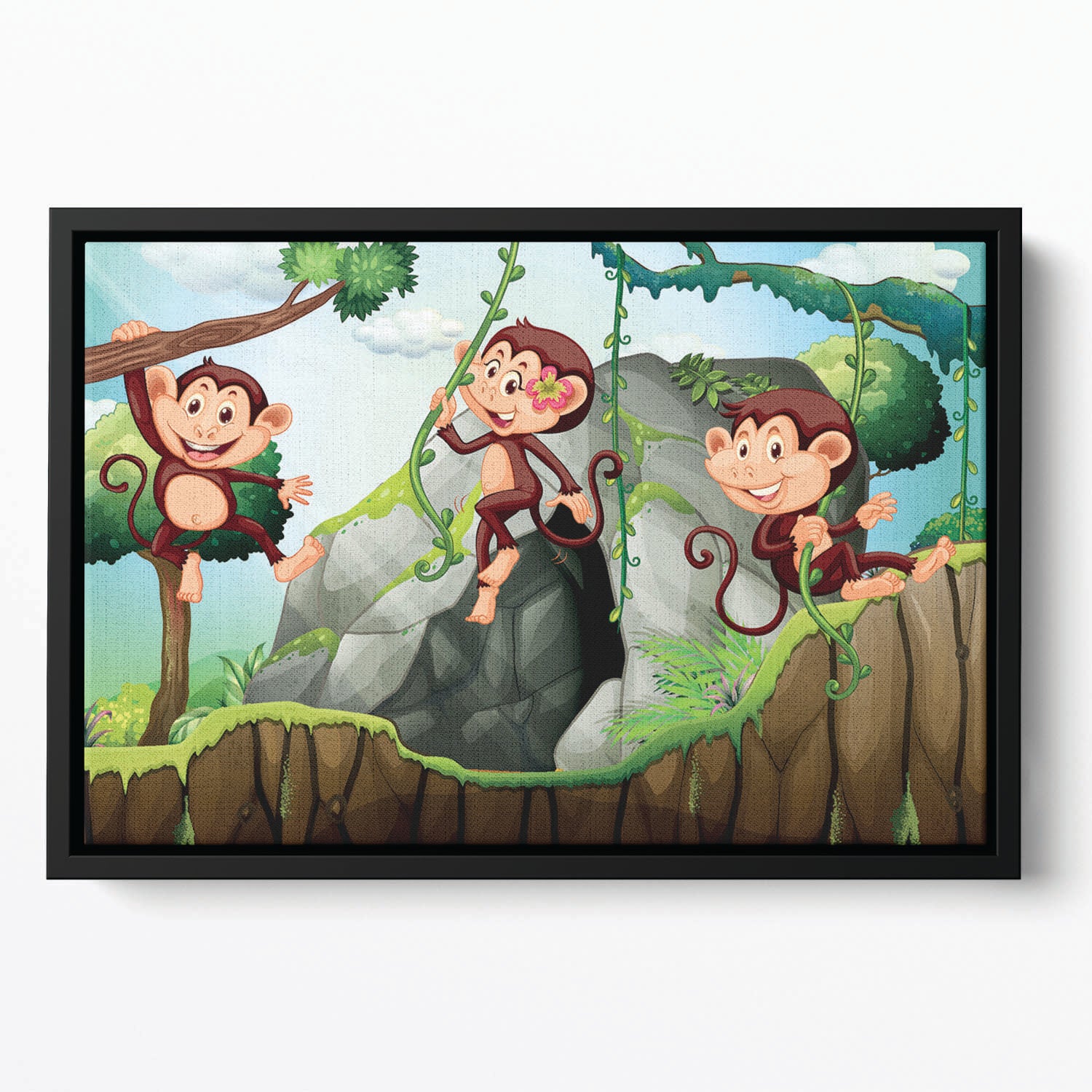 Three monkeys hanging on the branch Floating Framed Canvas
