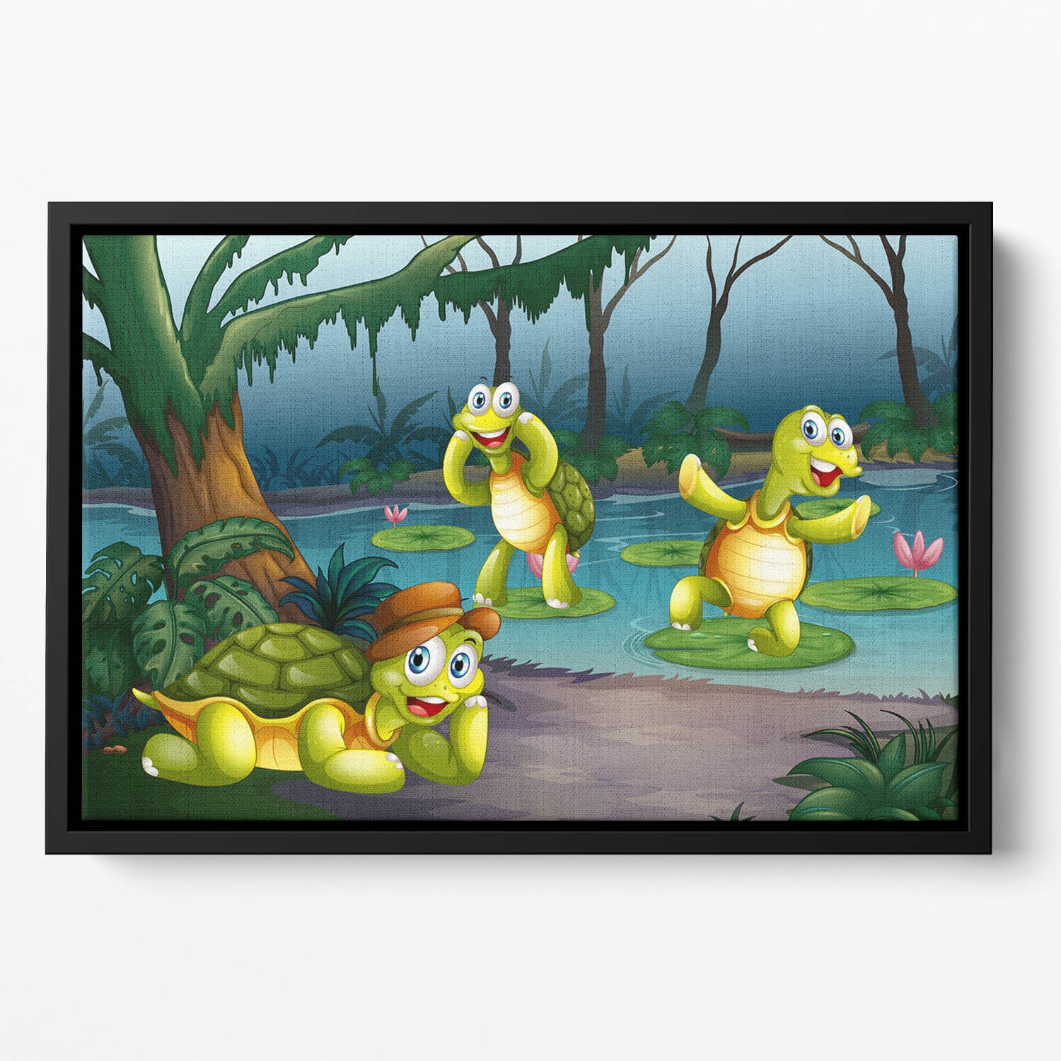 Three turtles living in the pond Floating Framed Canvas