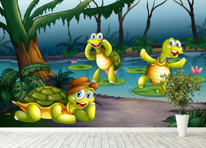 Three turtles living in the pond Wall Mural Wallpaper - Canvas Art Rocks - 4