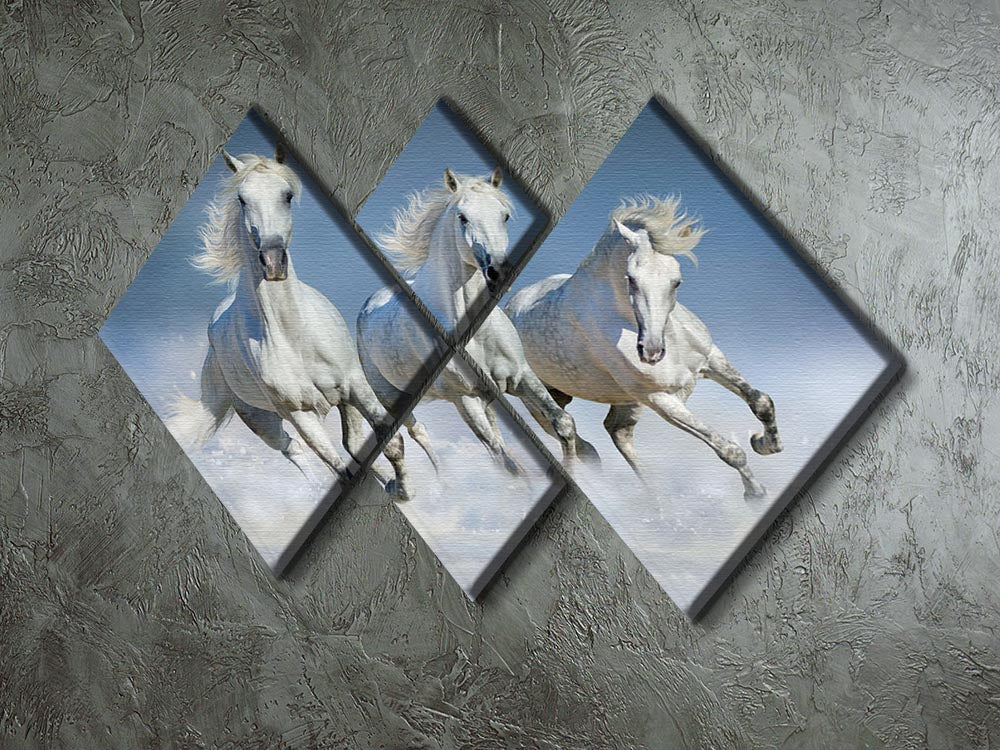 Three white horse run gallop in snow 4 Square Multi Panel Canvas - Canvas Art Rocks - 2