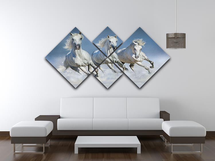 Three white horse run gallop in snow 4 Square Multi Panel Canvas - Canvas Art Rocks - 3