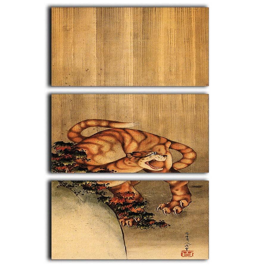 Tiger in the rain by Hokusai 3 Split Panel Canvas Print - Canvas Art Rocks - 1
