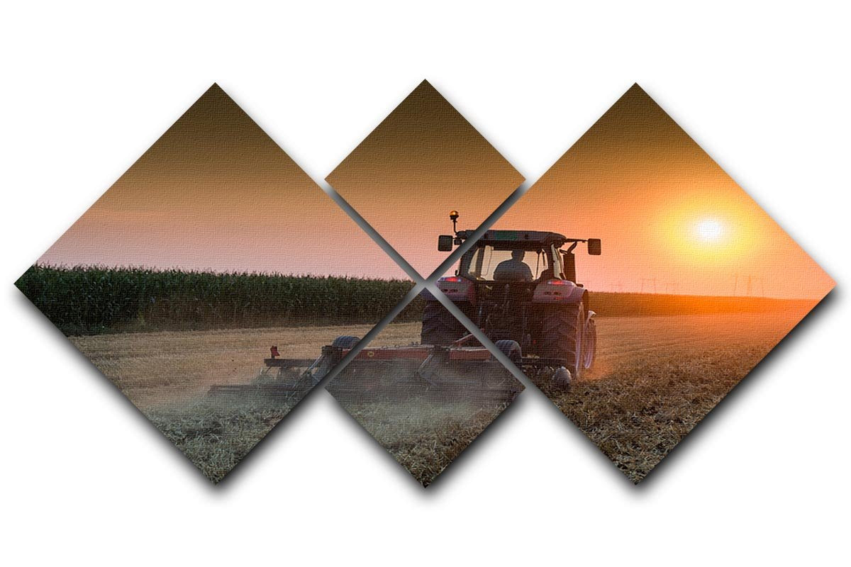 Tractor plowing field at dusk 4 Square Multi Panel Canvas  - Canvas Art Rocks - 1