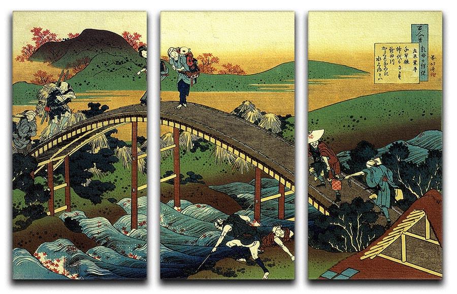 Travellers on the bridge near the waterfall of Ono by Hokusai 3 Split Panel Canvas Print - Canvas Art Rocks - 1