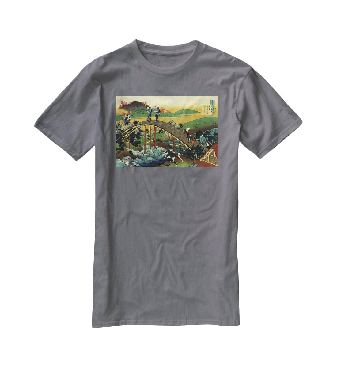 Travellers on the bridge near the waterfall of Ono by Hokusai T-Shirt - Canvas Art Rocks - 3