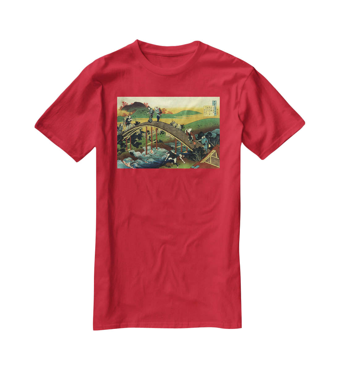 Travellers on the bridge near the waterfall of Ono by Hokusai T-Shirt - Canvas Art Rocks - 4