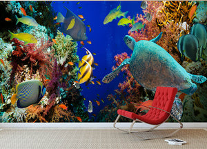 Tropical Anthias fish with net fire corals and shark on Red Sea reef Wall Mural Wallpaper - Canvas Art Rocks - 2