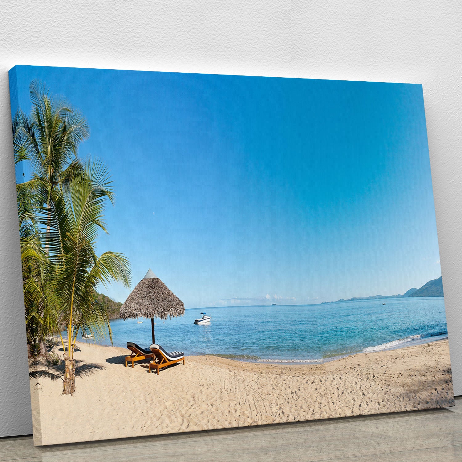 Tropical beach panorama with deckchairs Canvas Print or Poster - Canvas Art Rocks - 1
