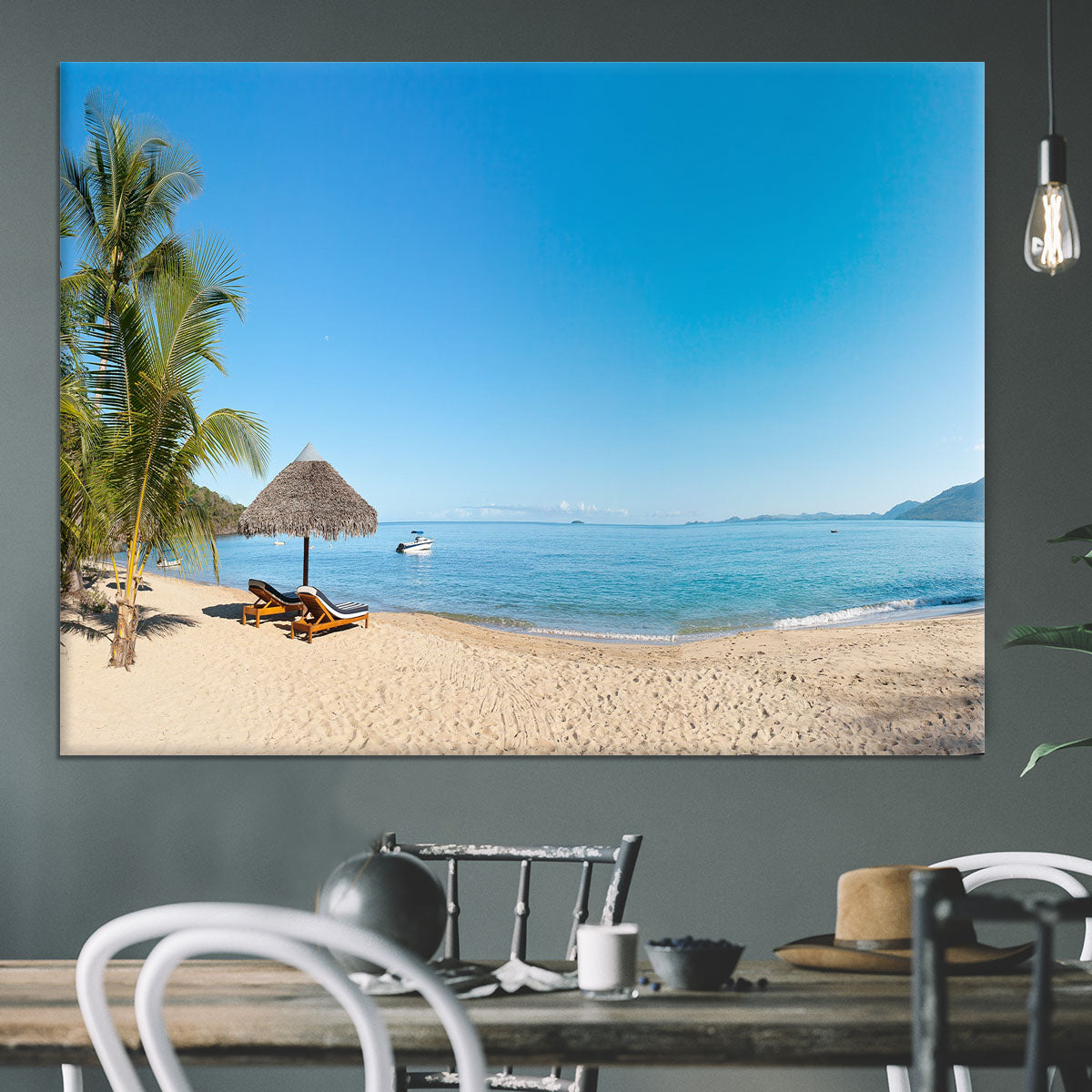 Tropical beach panorama with deckchairs Canvas Print or Poster - Canvas Art Rocks - 3