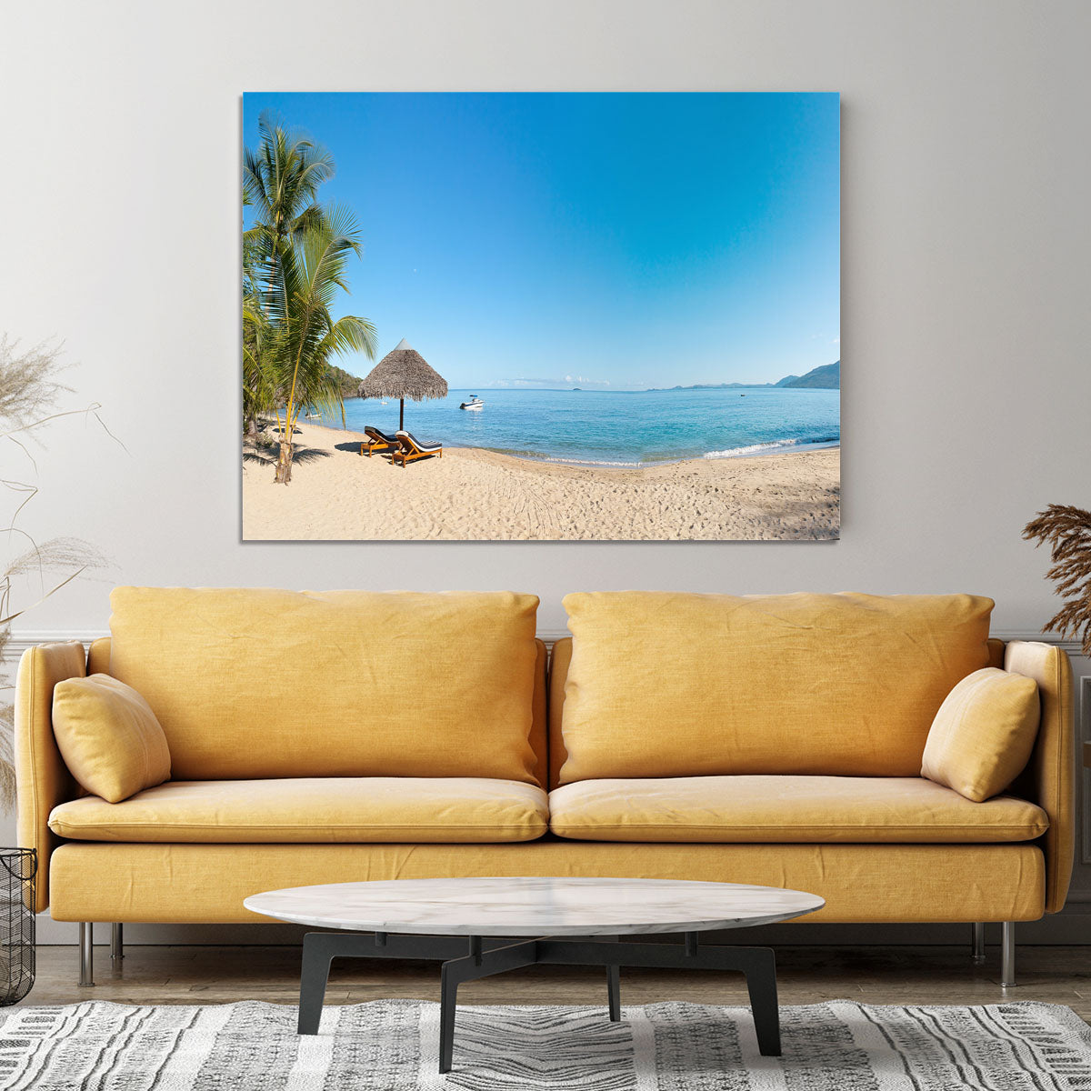Tropical beach panorama with deckchairs Canvas Print or Poster - Canvas Art Rocks - 4