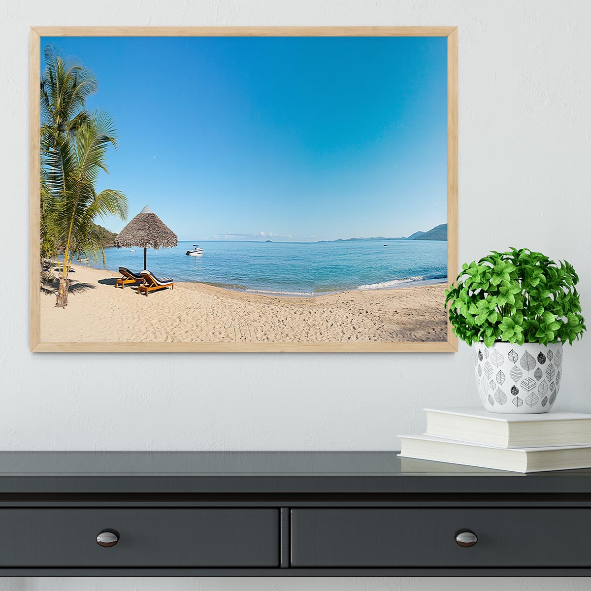 Tropical beach panorama with deckchairs Framed Print - Canvas Art Rocks - 4