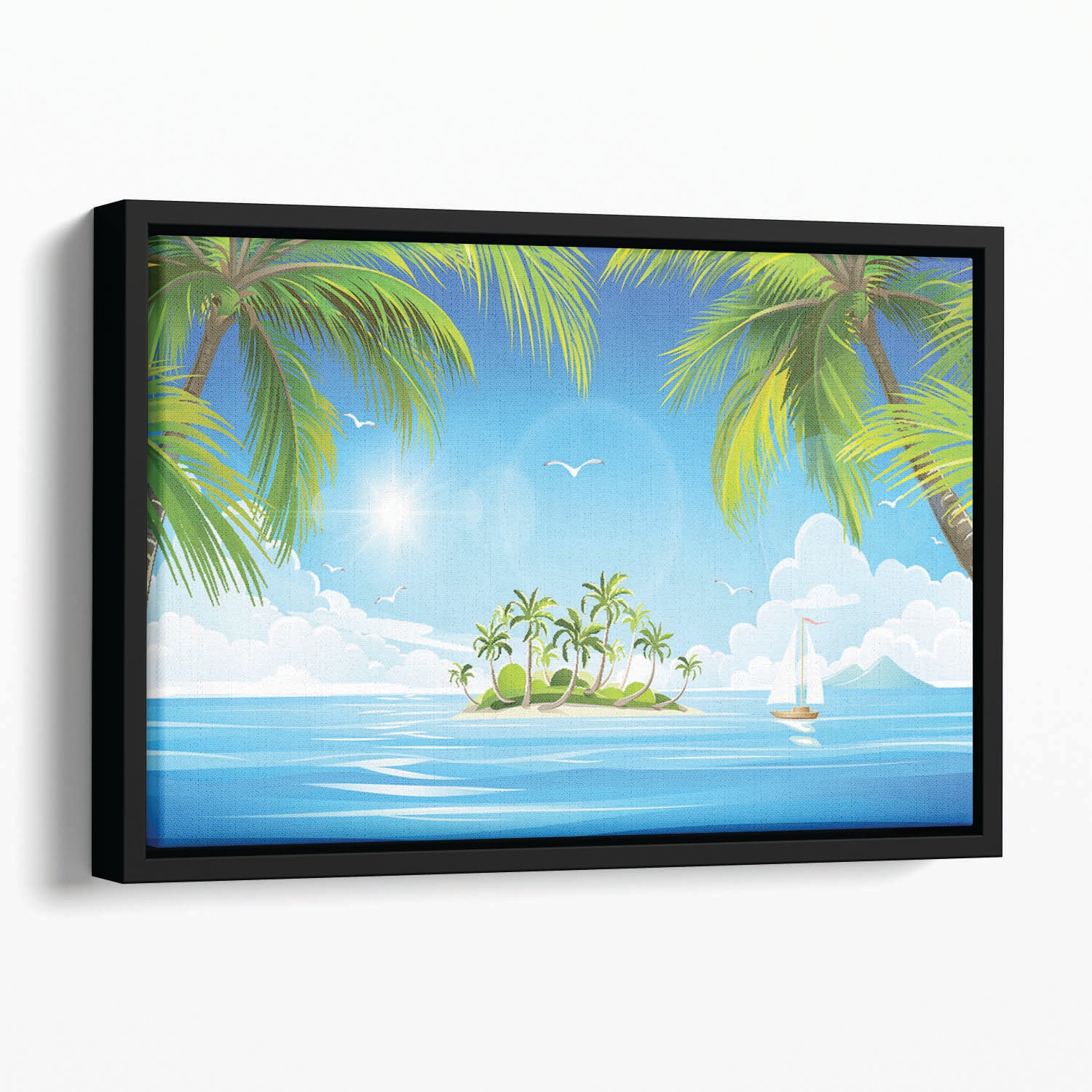Tropical island with palm trees Floating Framed Canvas