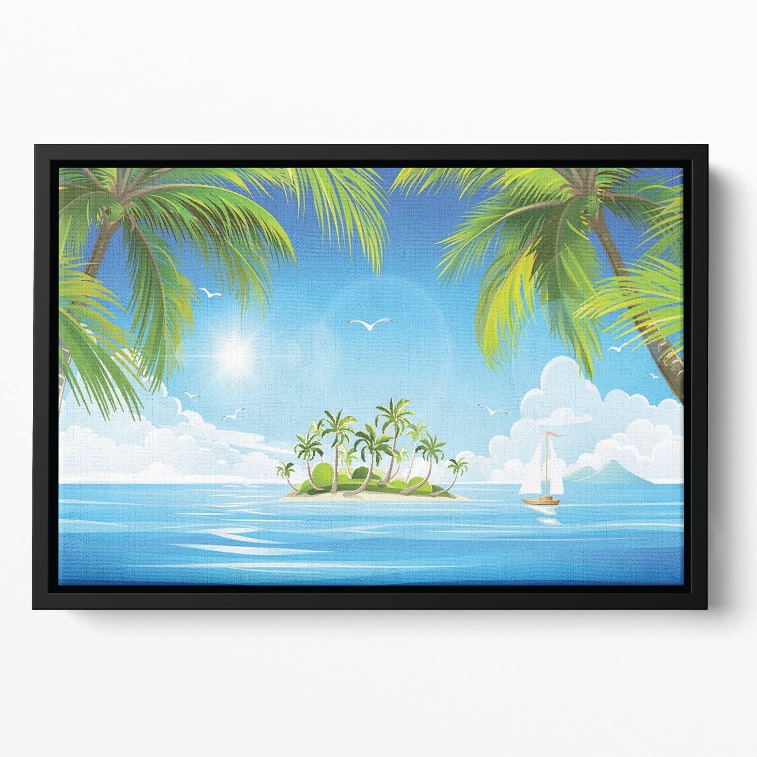 Tropical island with palm trees Floating Framed Canvas