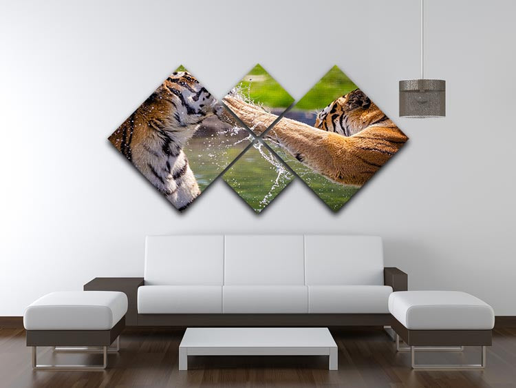 Two adult tigers at play in the water 4 Square Multi Panel Canvas - Canvas Art Rocks - 3
