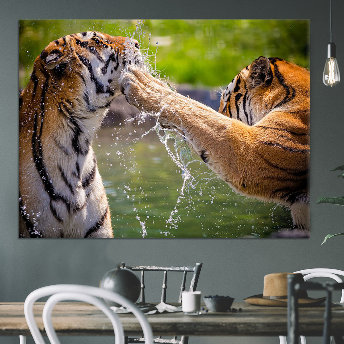 Two adult tigers at play in the water Canvas Print or Poster - Canvas Art Rocks - 3