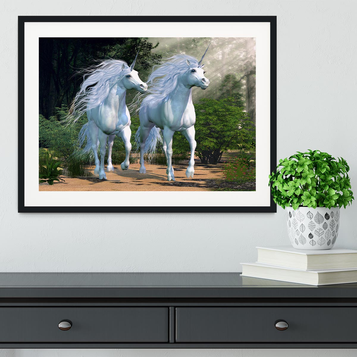 Two buck unicorns run together Framed Print - Canvas Art Rocks - 1