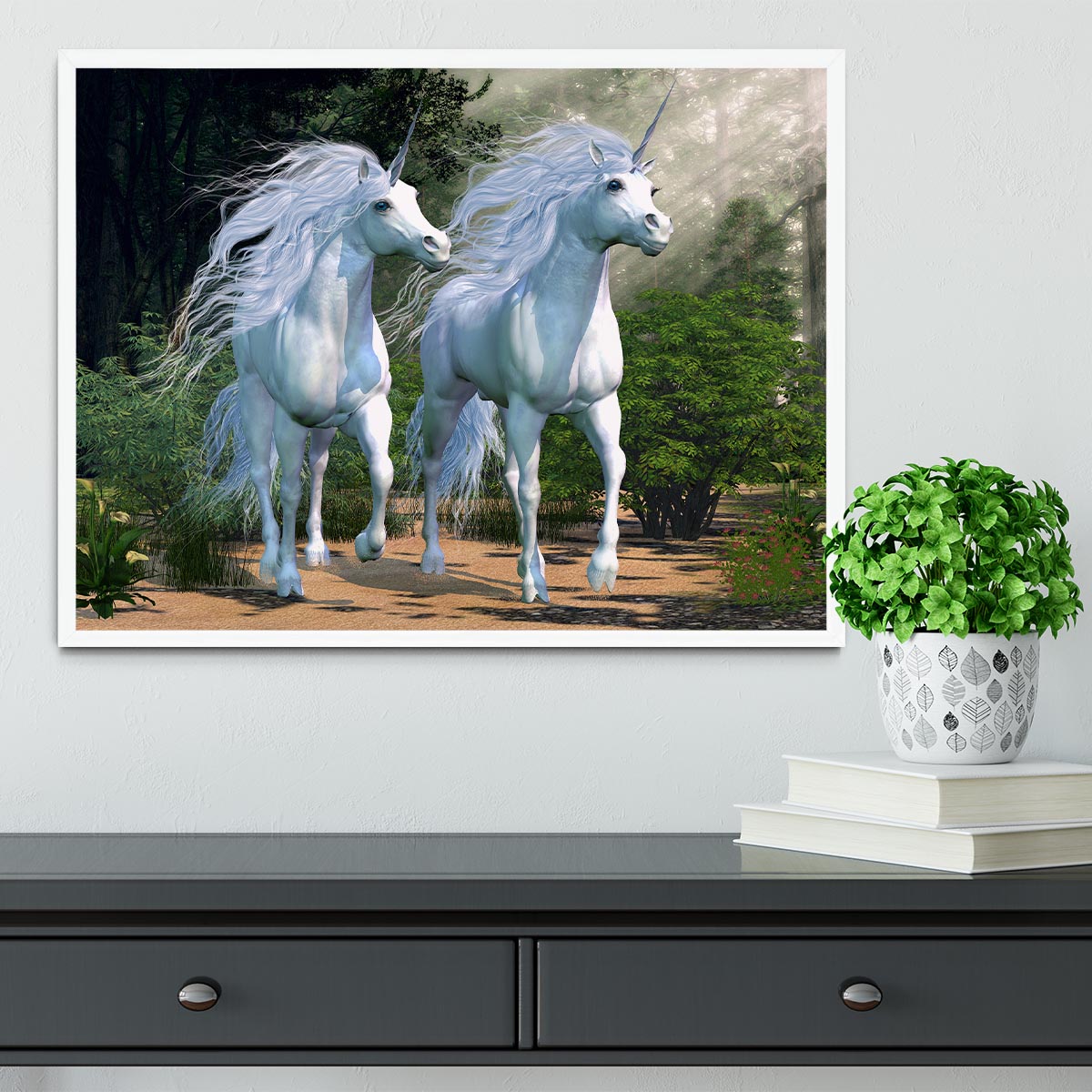 Two buck unicorns run together Framed Print - Canvas Art Rocks -6